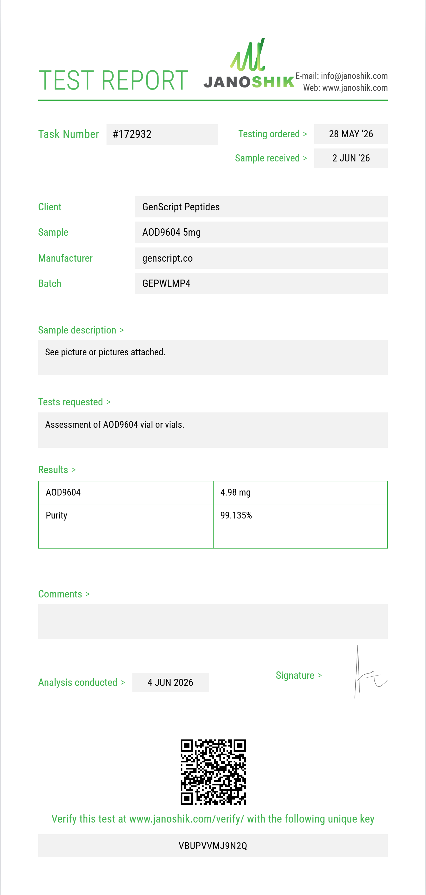AOD9604 Purity (HPLC) report by Janoshik Analytical