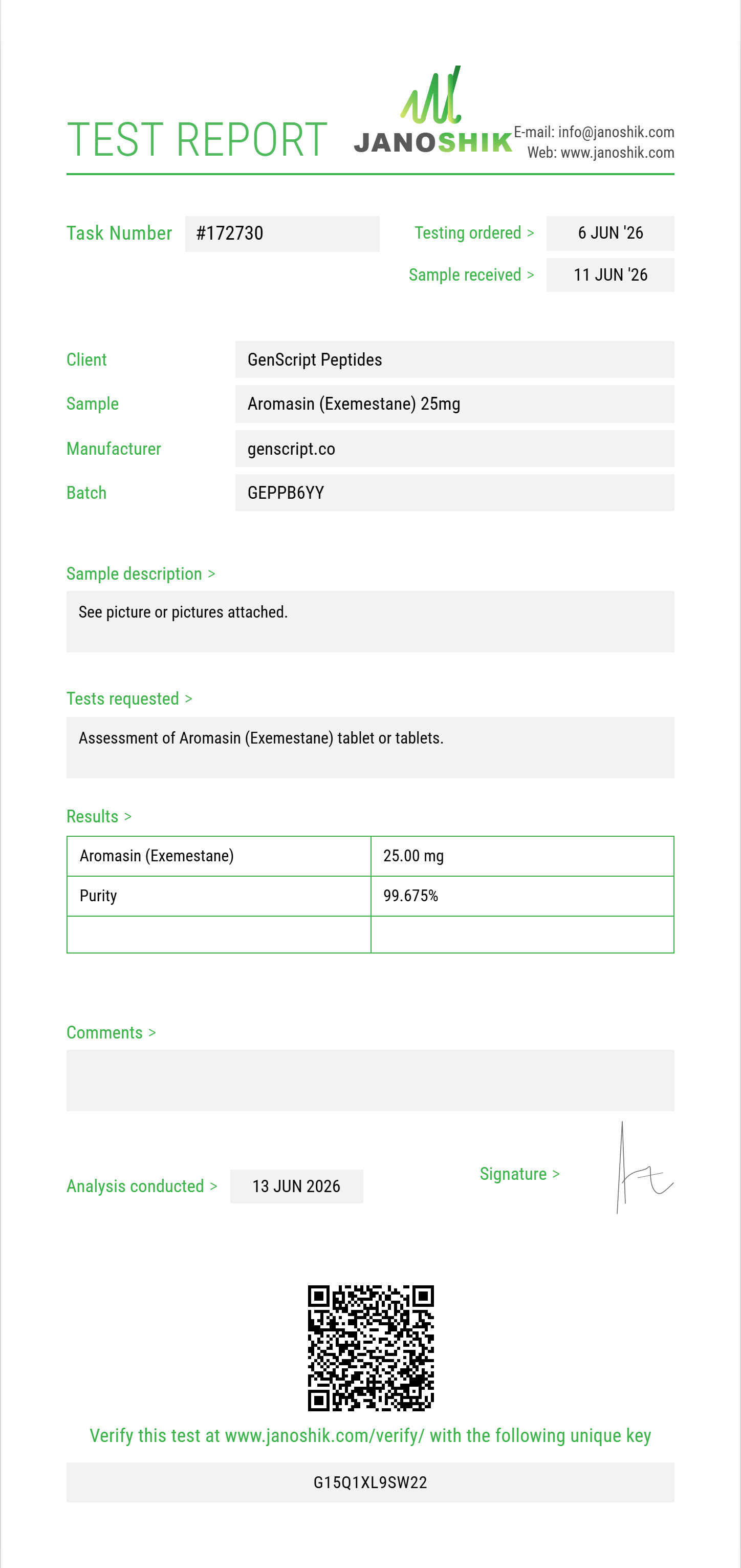 Aromasin (Exemestane) Purity (HPLC) report by Janoshik Analytical