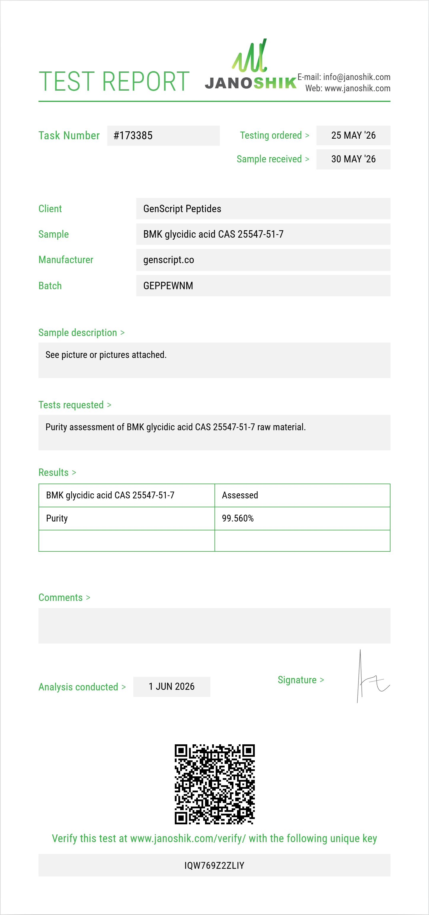 BMK glycidic acid (free acid) CAS 25547-51-7 Purity (HPLC) report by Janoshik Analytical