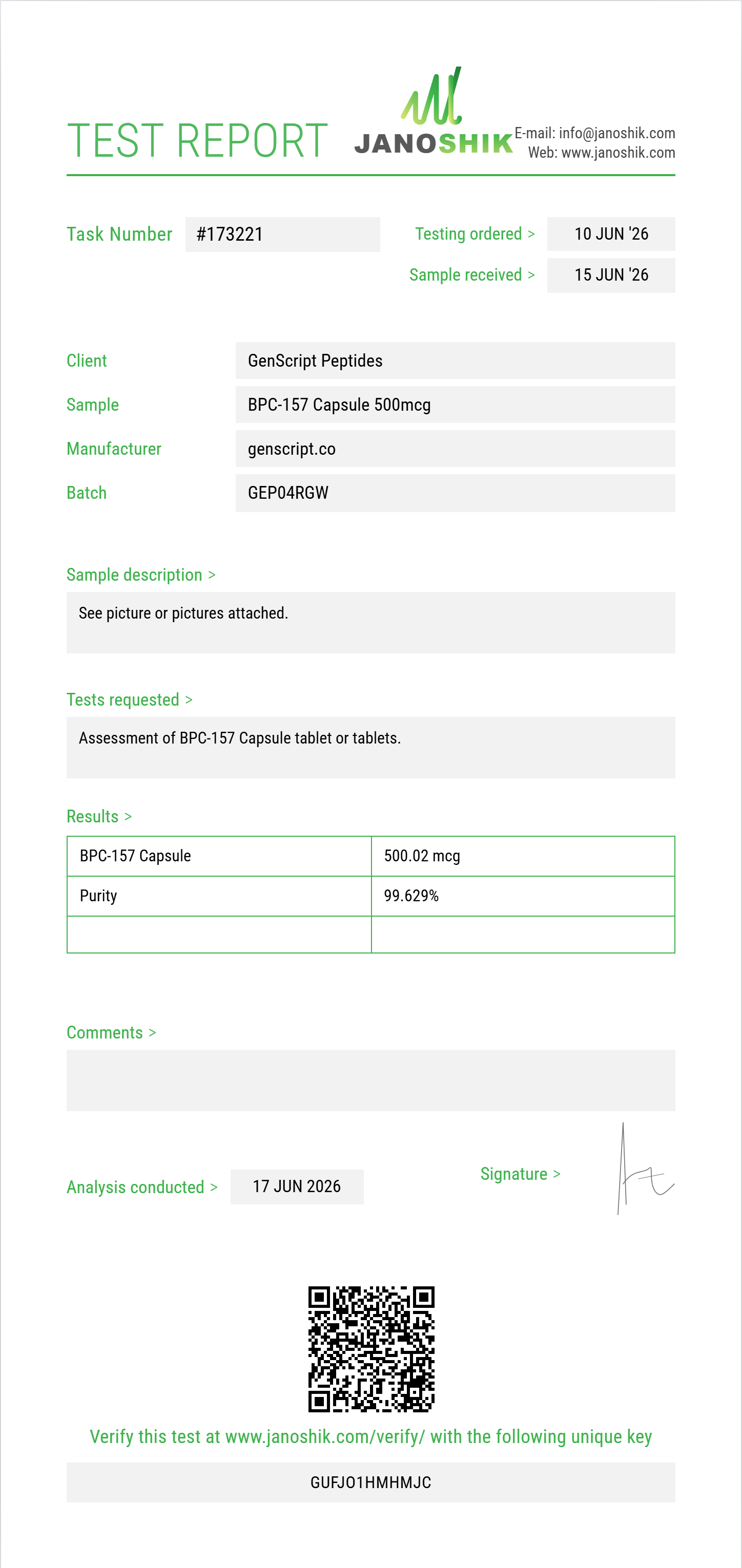 BPC-157 Capsule Purity (HPLC) report by Janoshik Analytical