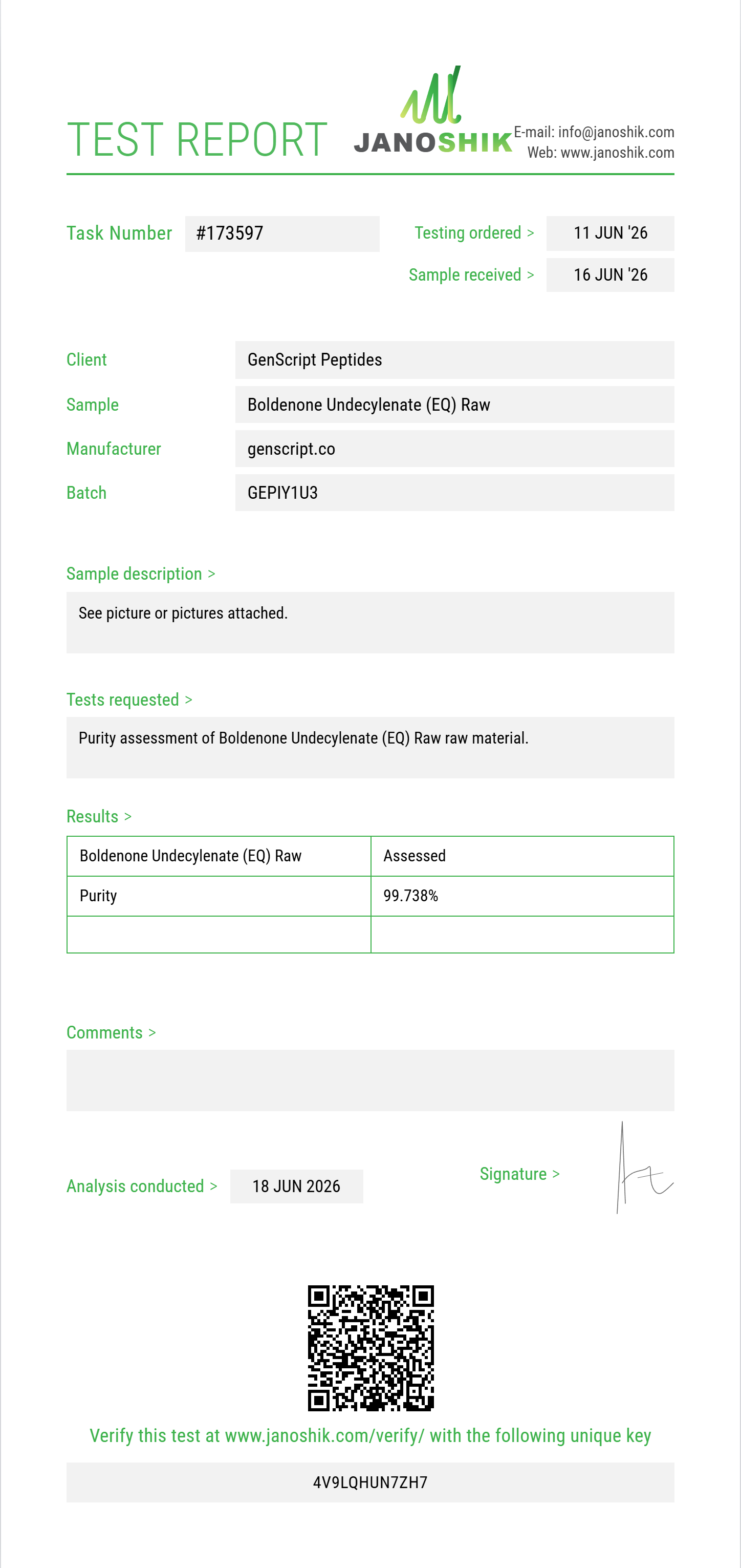 Boldenone Undecylenate (EQ) Raw Purity (HPLC) report by Janoshik Analytical
