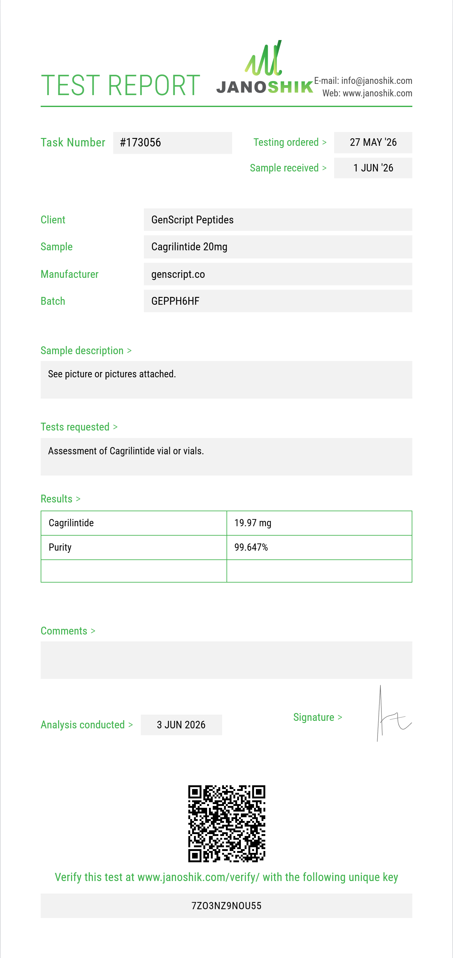 Cagrilintide Purity (HPLC) report by Janoshik Analytical