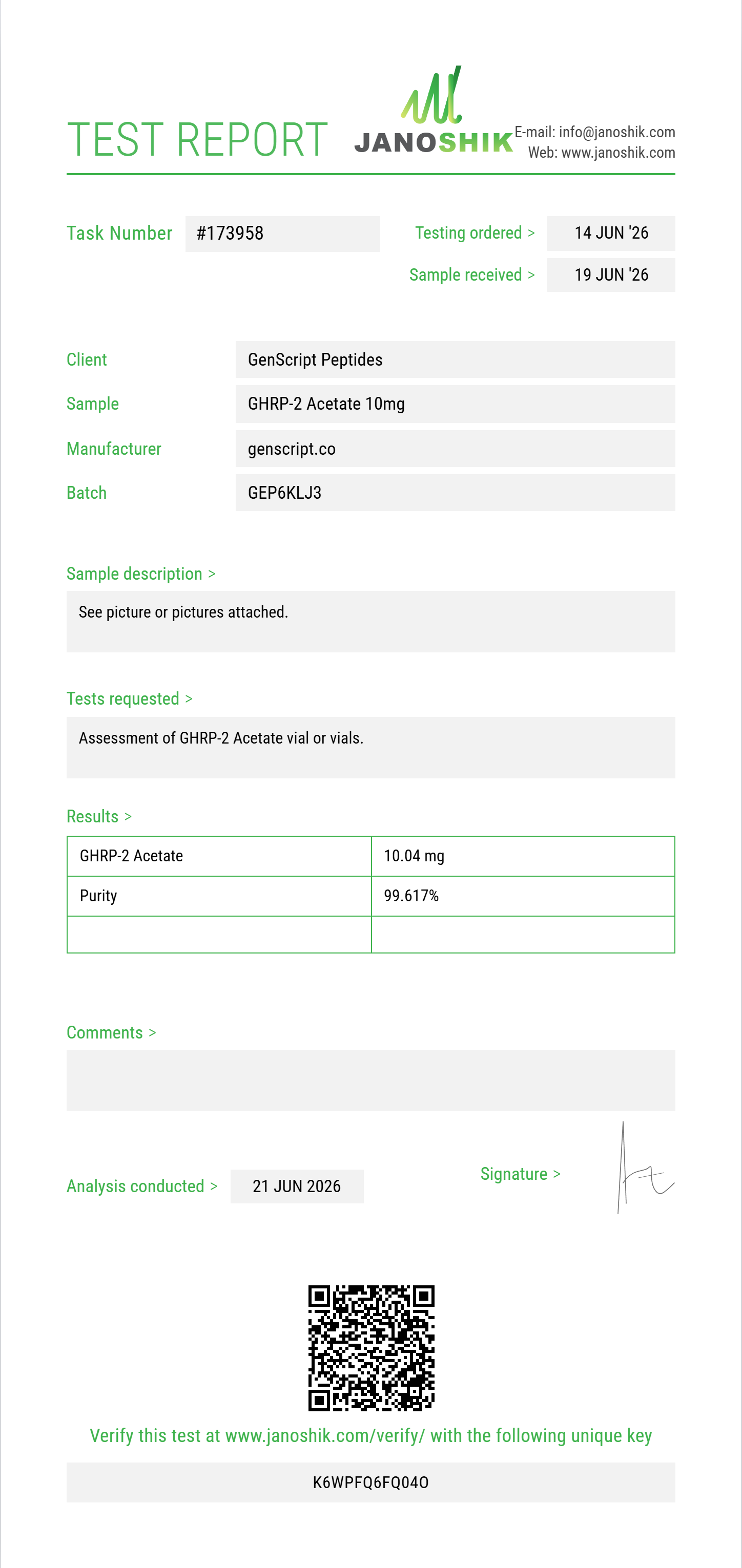 GHRP-2 Acetate Purity (HPLC) report by Janoshik Analytical