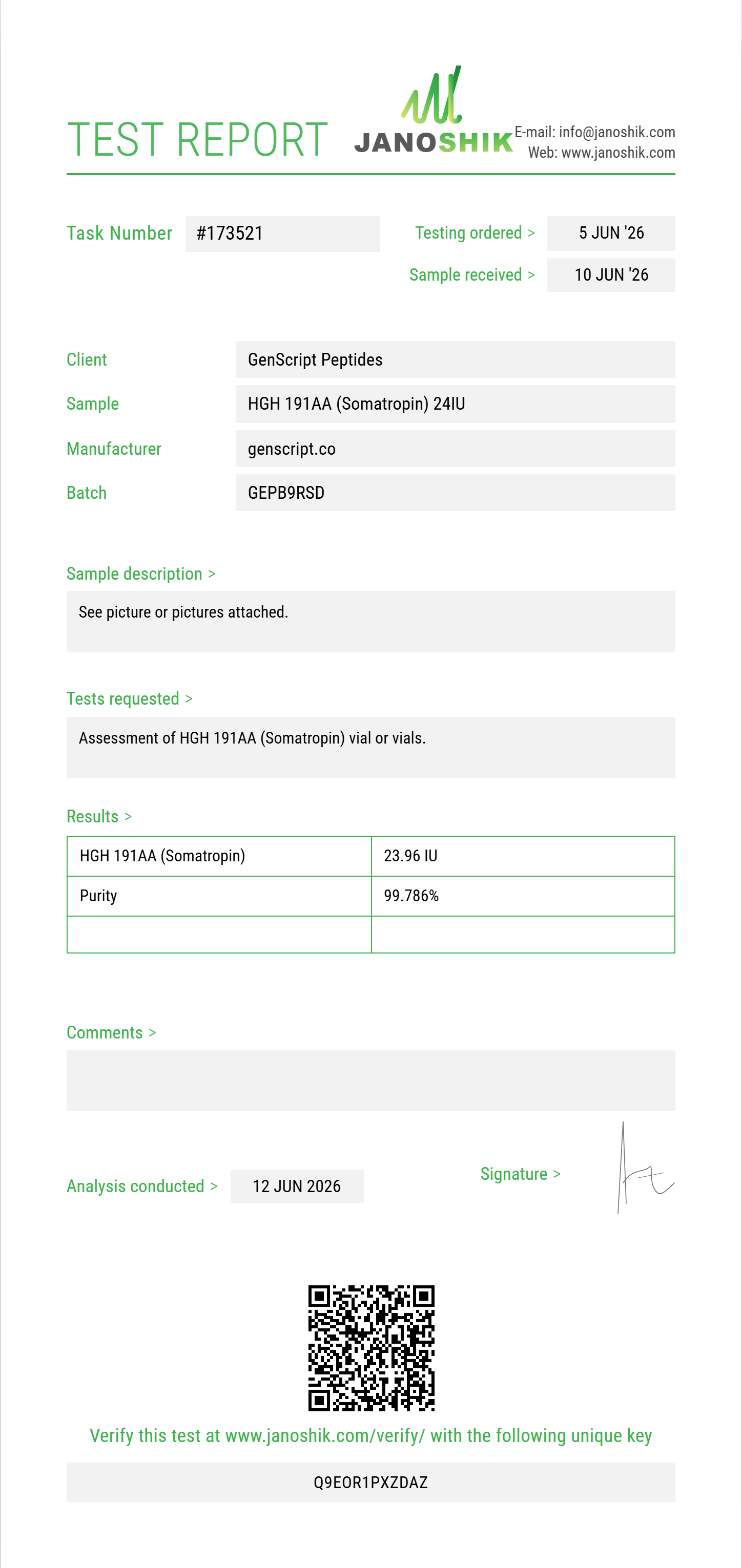 HGH 191AA (Somatropin) Purity (HPLC) report by Janoshik Analytical