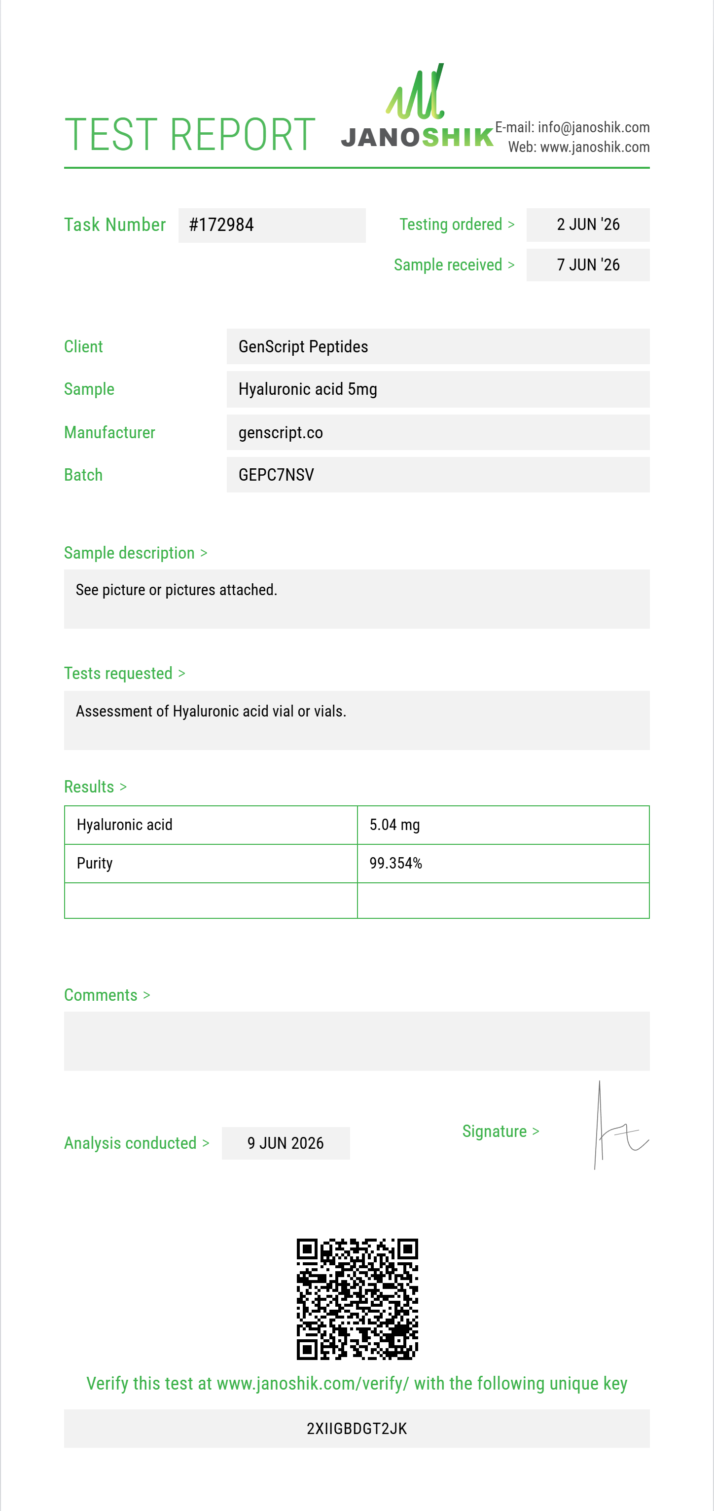 Hyaluronic acid Purity (HPLC) report by Janoshik Analytical
