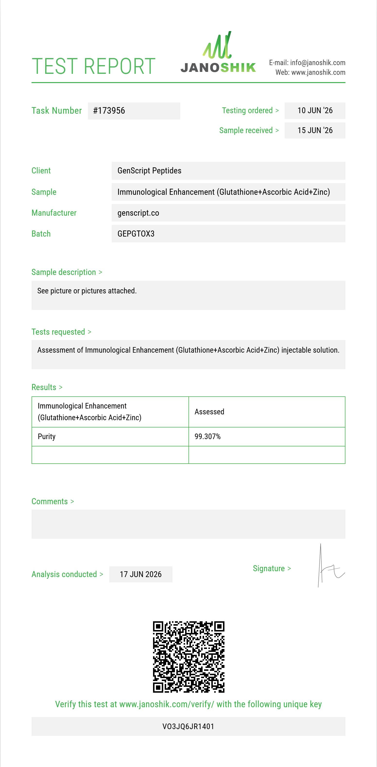Immunological Enhancement (Glutathione 200mg+Ascorbic Acid 200mg+Zinc Sulfate 2.5mg) Purity (HPLC) report by Janoshik Analytical