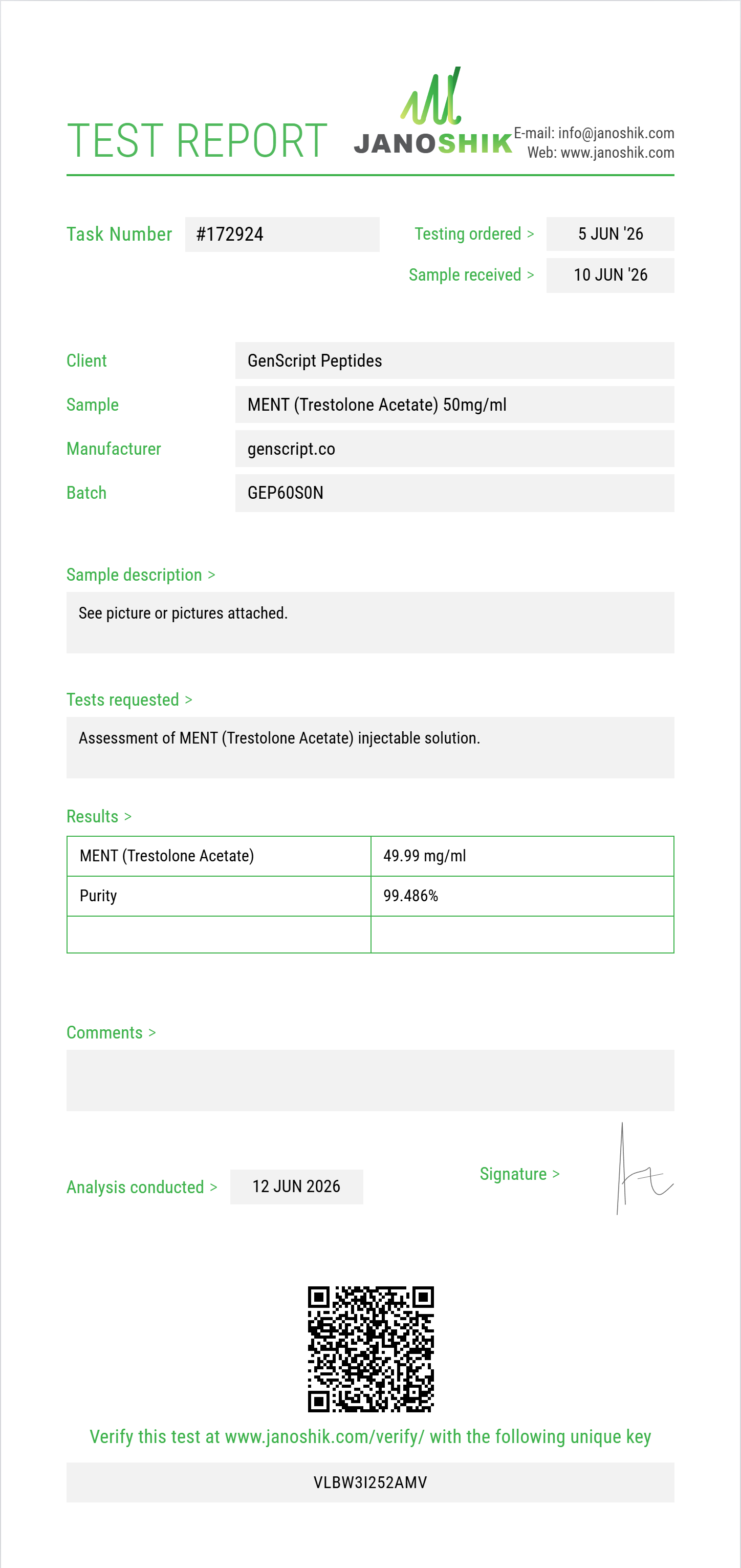 MENT (Trestolone Acetate) Purity (HPLC) report by Janoshik Analytical