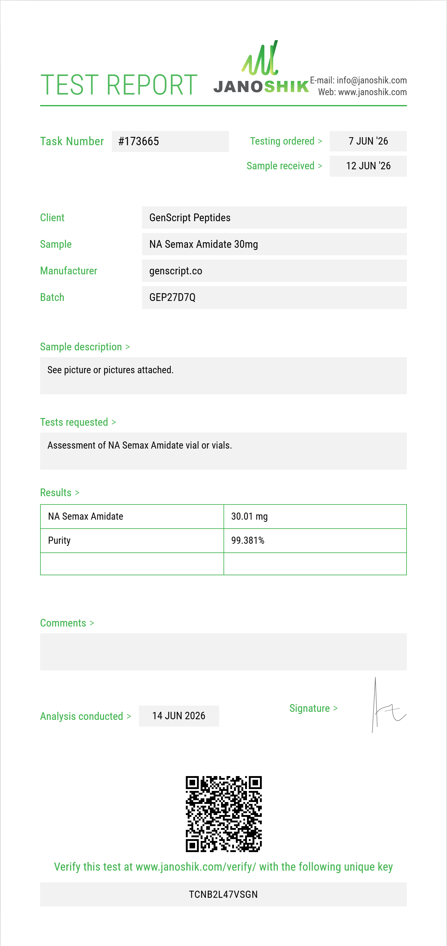NA Semax Amidate Purity (HPLC) report by Janoshik Analytical