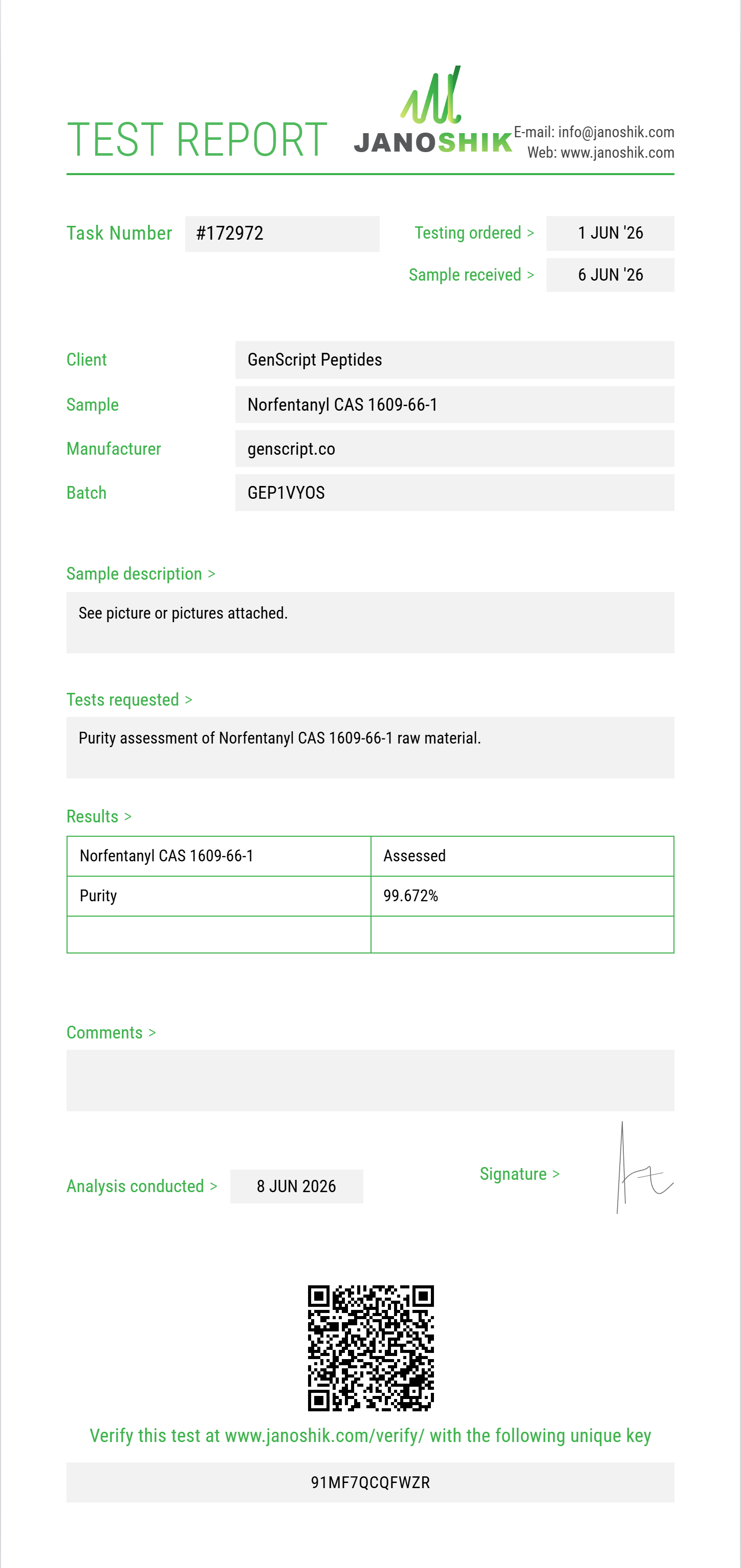 Norfentanyl CAS 1609-66-1 Purity (HPLC) report by Janoshik Analytical