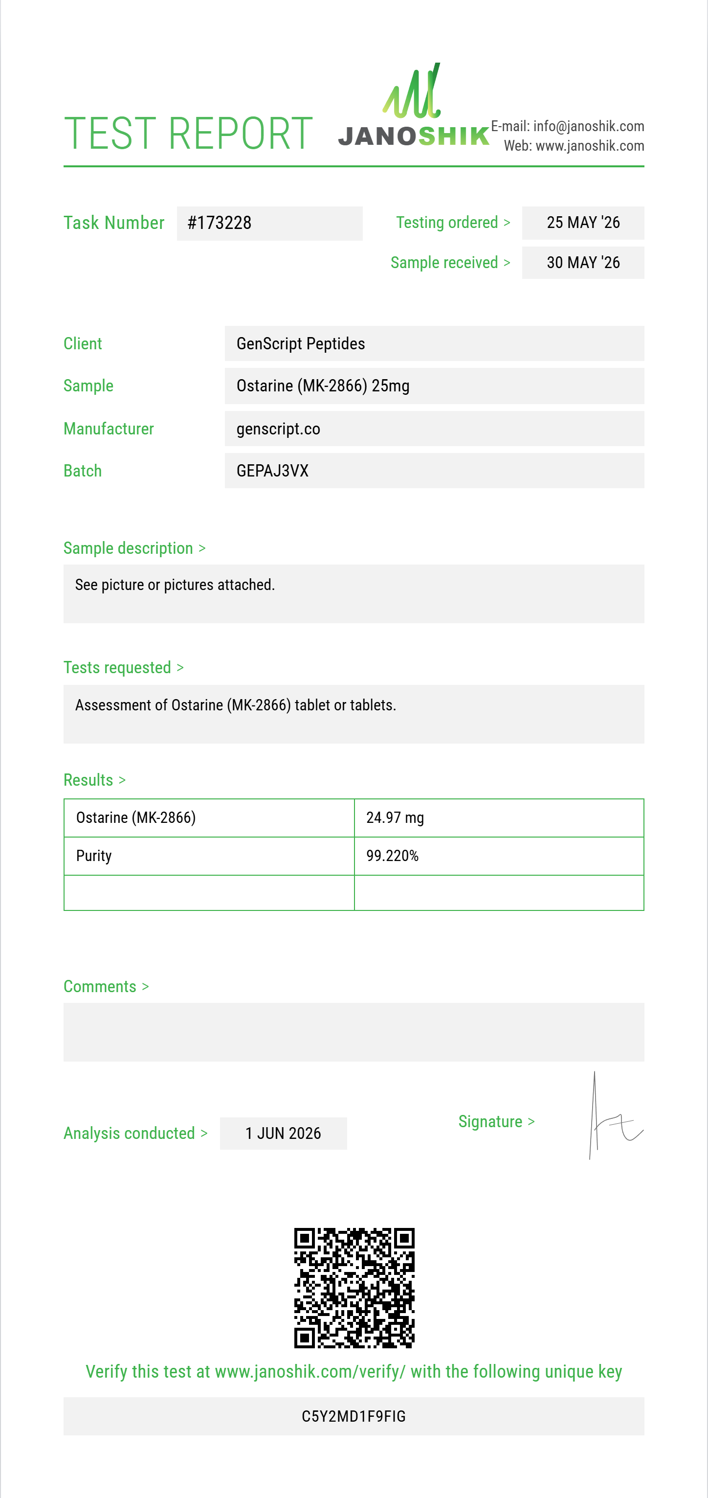 Ostarine (MK-2866) Purity (HPLC) report by Janoshik Analytical