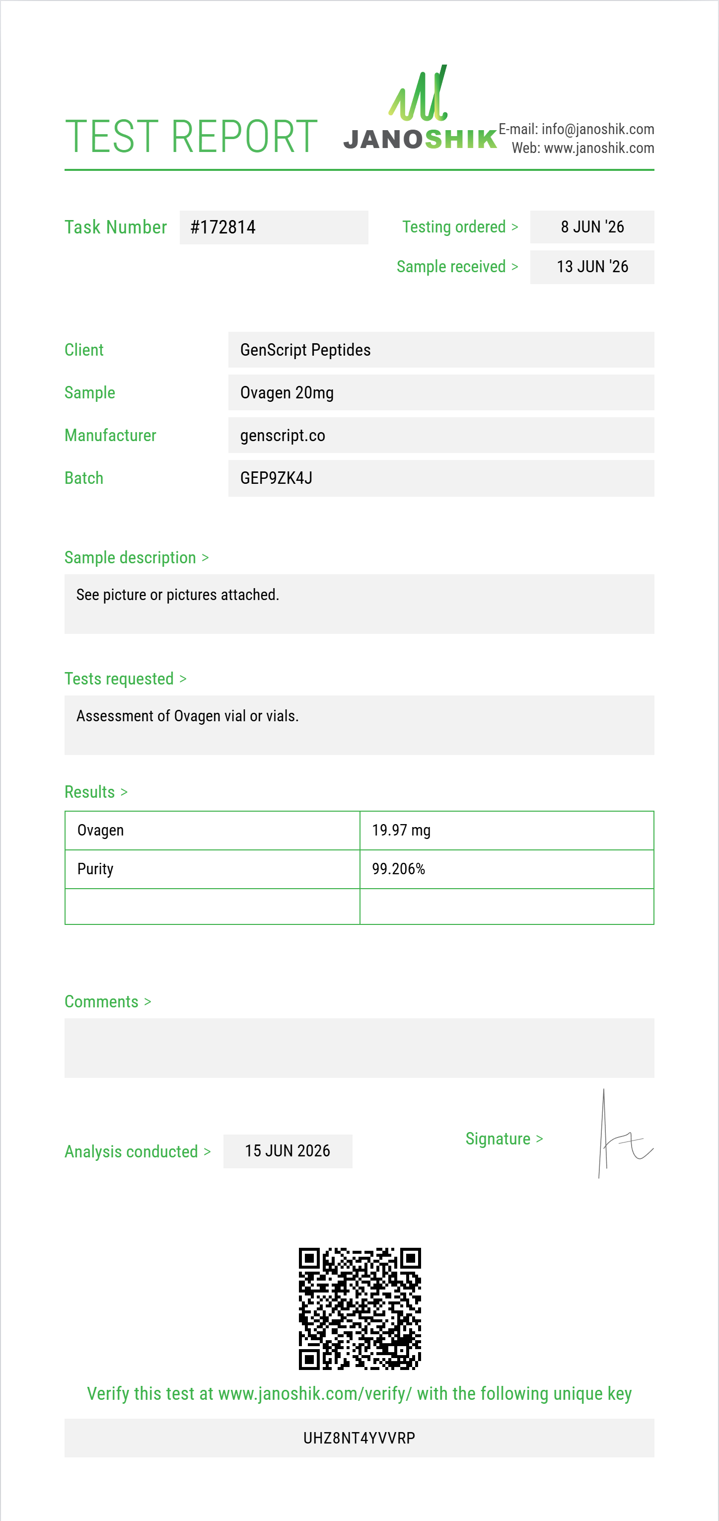 Ovagen Purity (HPLC) report by Janoshik Analytical