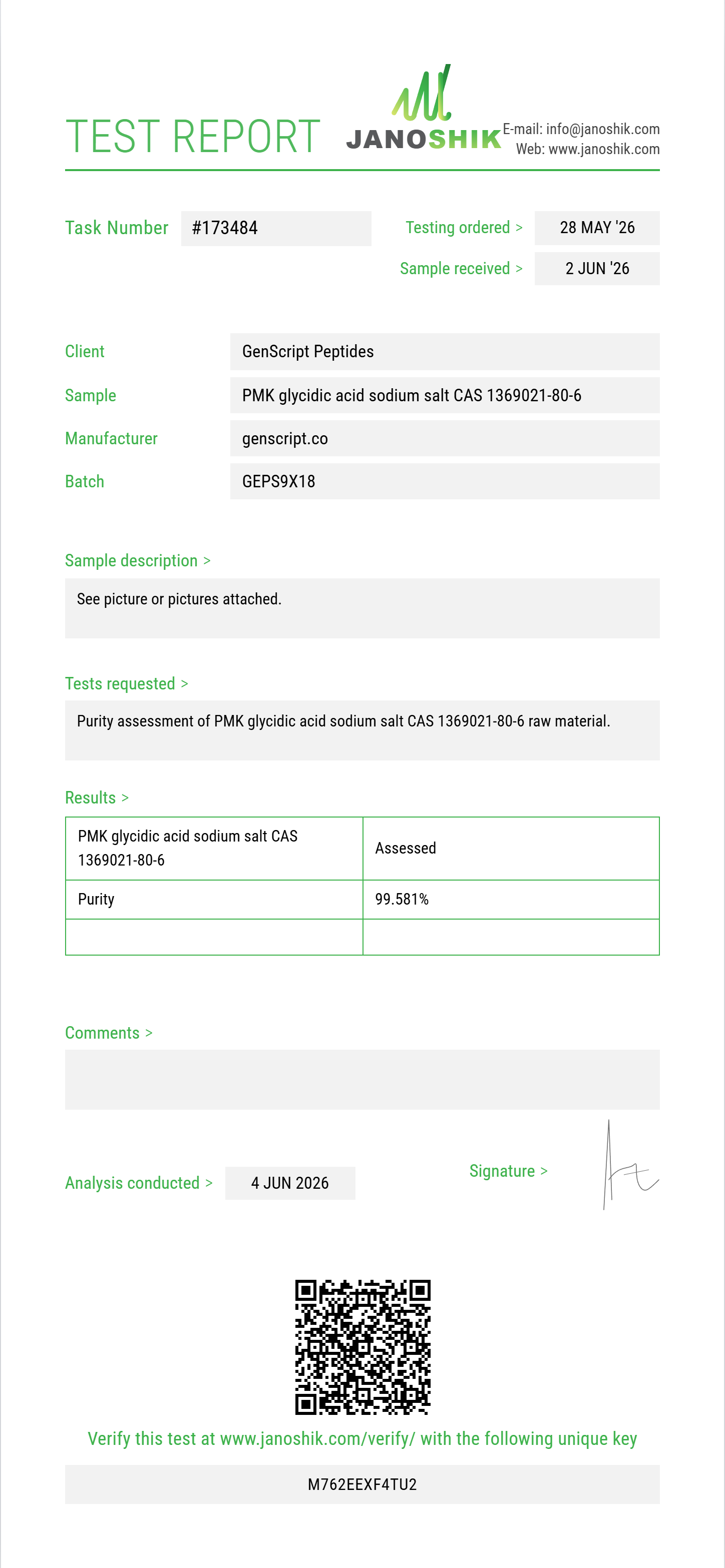 PMK glycidic acid (3,4-MDP-2-P methyl glycidic acid / sodium salt) CAS 1369021-80-6 Purity (HPLC) report by Janoshik Analytical