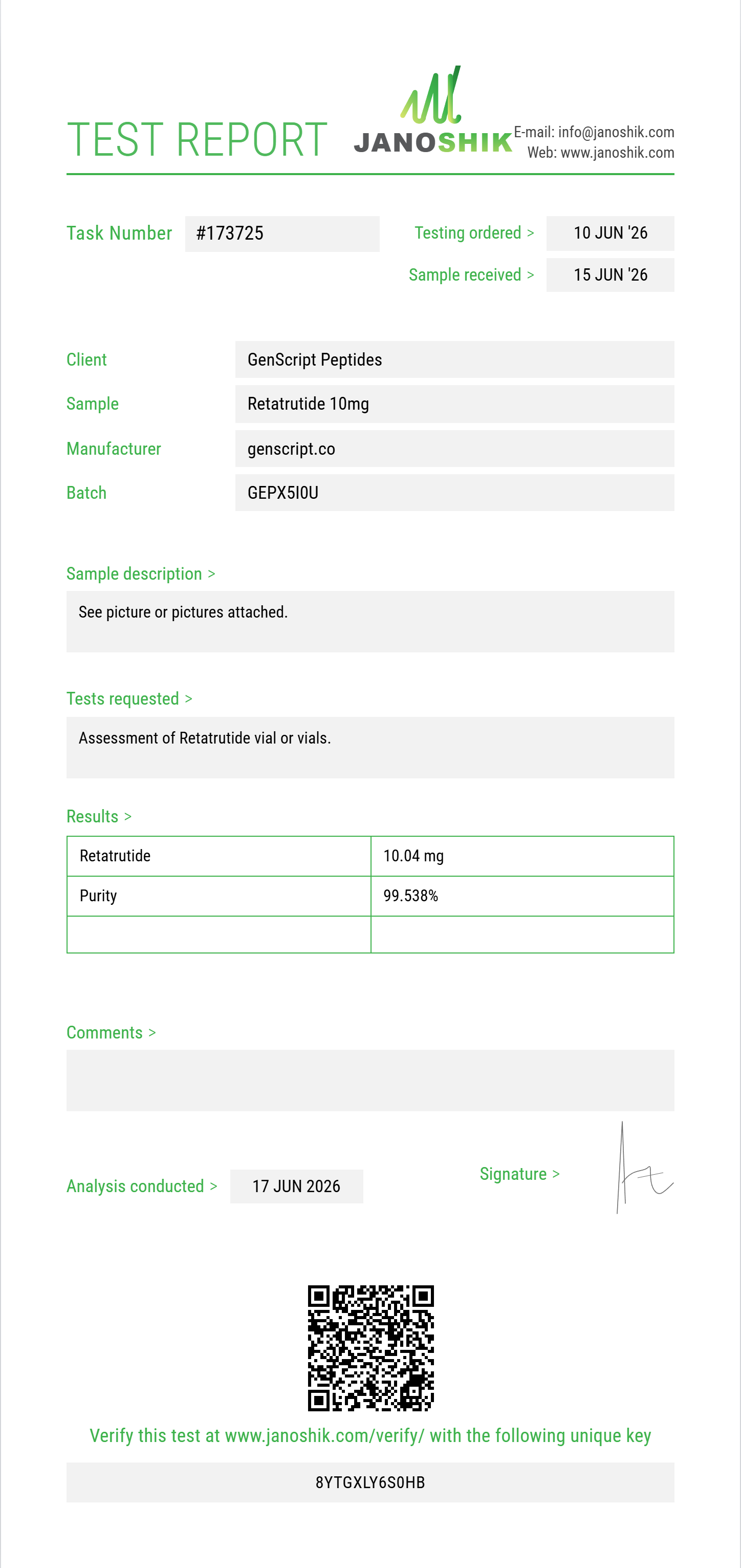 Retatrutide Purity (HPLC) report by Janoshik Analytical
