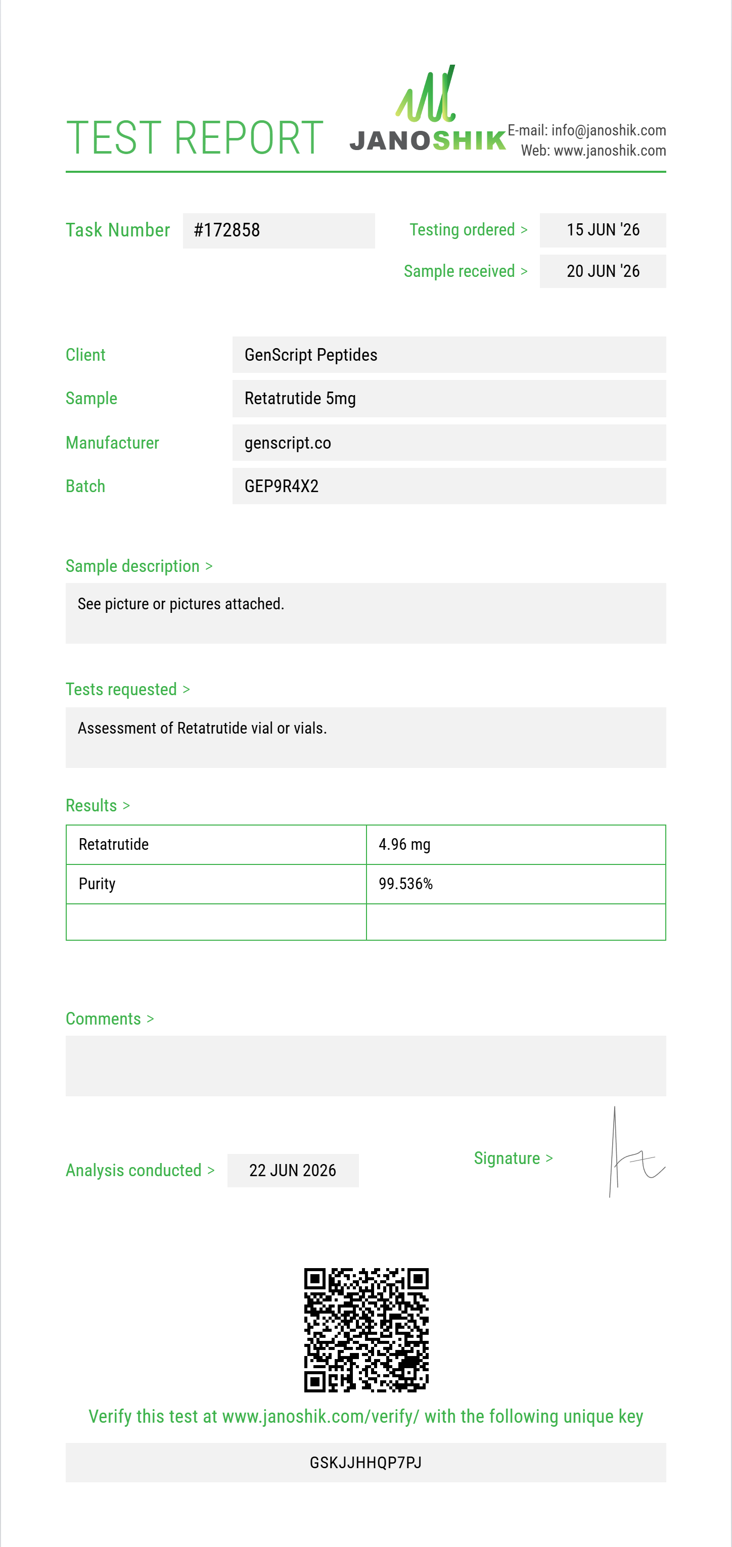 Retatrutide Purity (HPLC) report by Janoshik Analytical