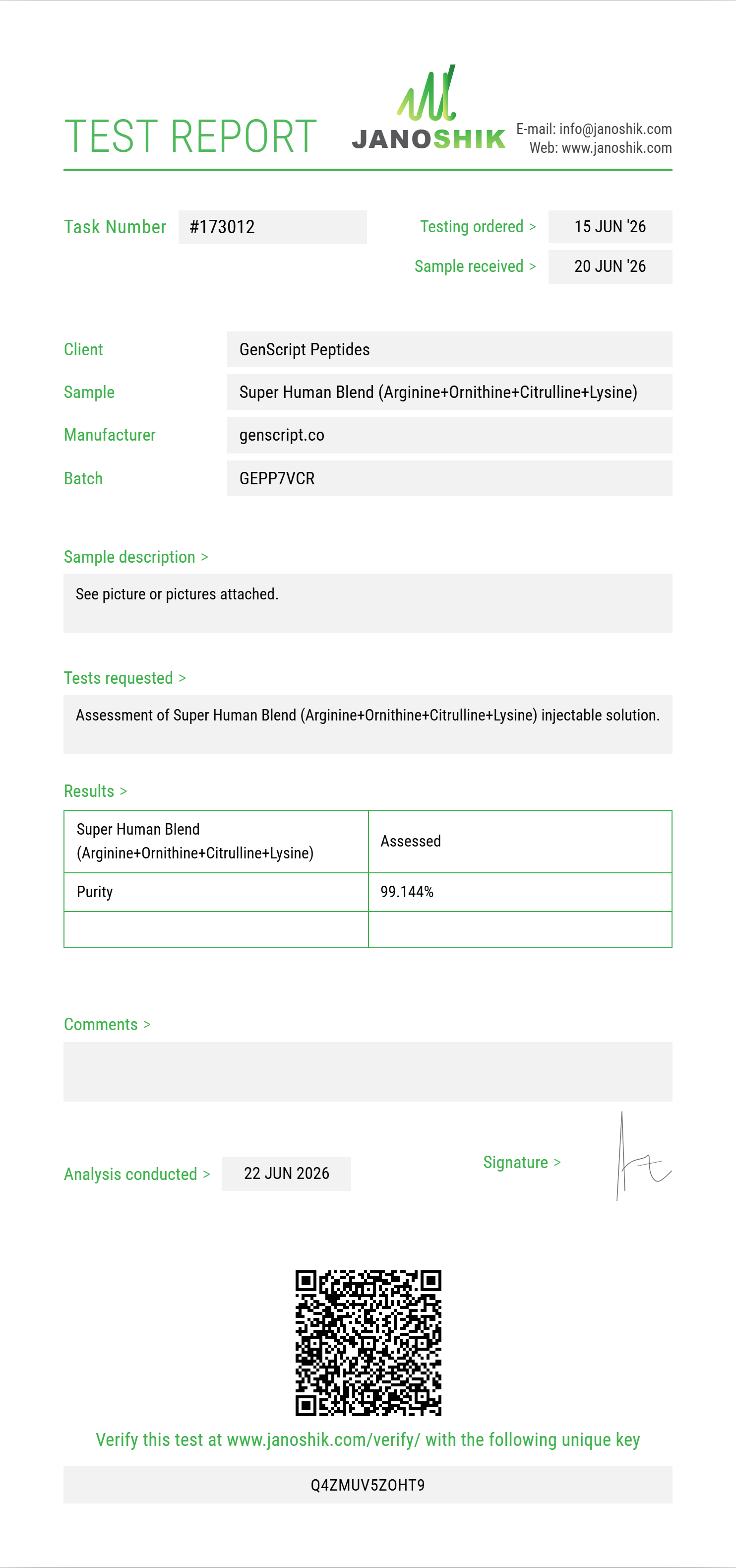 Super Human Blend (Arginine+Ornithine+Citrulline+Lysine+Glutamine+Proline+Taurine+Carnitine+NAC) Purity (HPLC) report by Janoshik Analytical