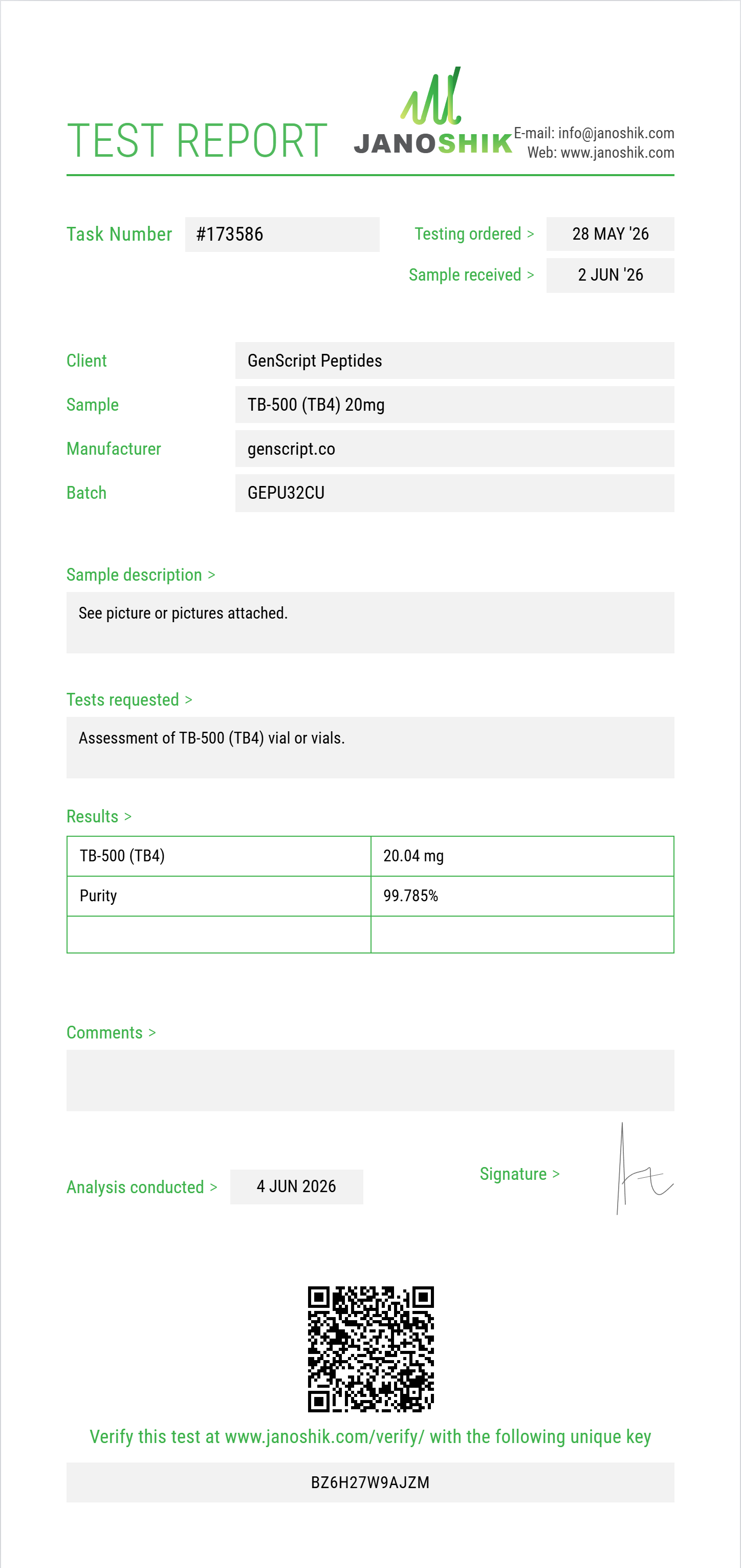 TB-500 (TB4) Purity (HPLC) report by Janoshik Analytical