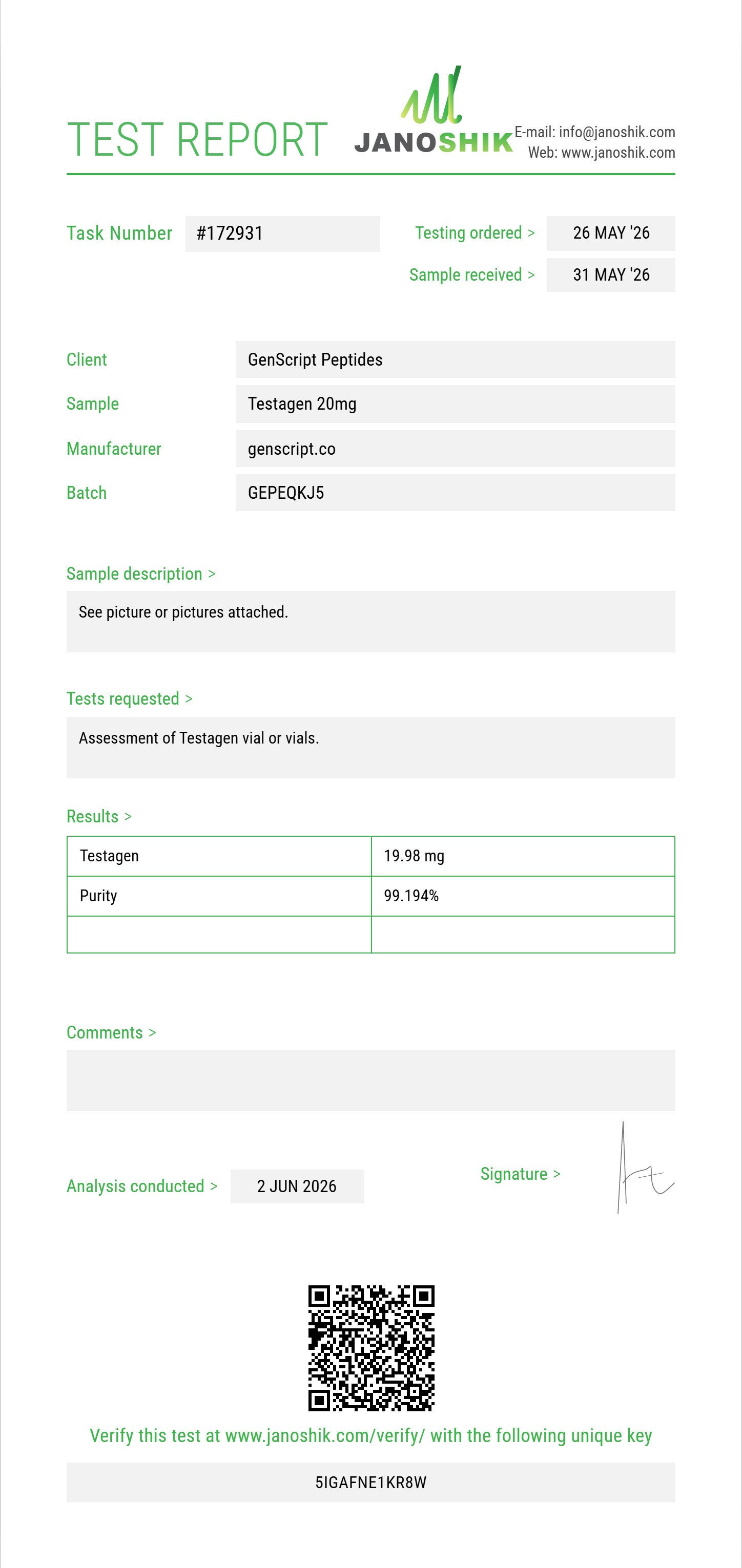 Testagen Purity (HPLC) report by Janoshik Analytical