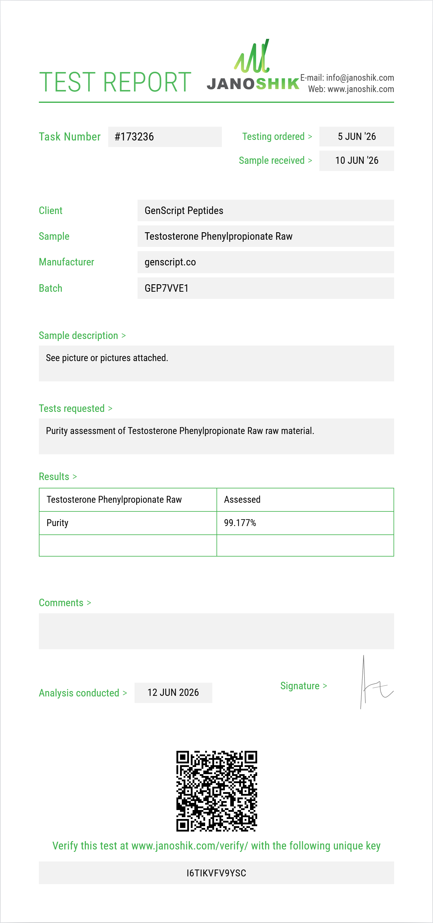 Testosterone Phenylpropionate Raw Purity (HPLC) report by Janoshik Analytical