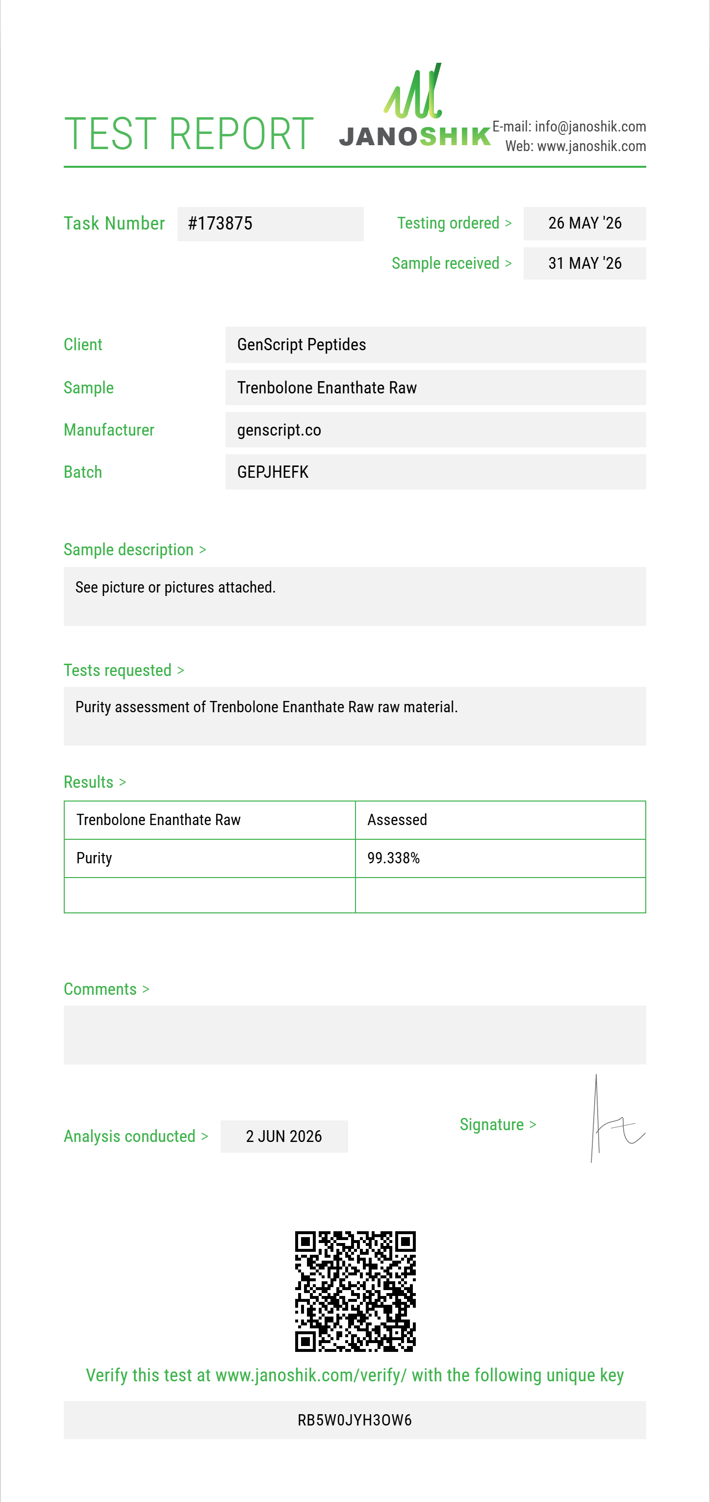 Trenbolone Enanthate Raw Purity (HPLC) report by Janoshik Analytical
