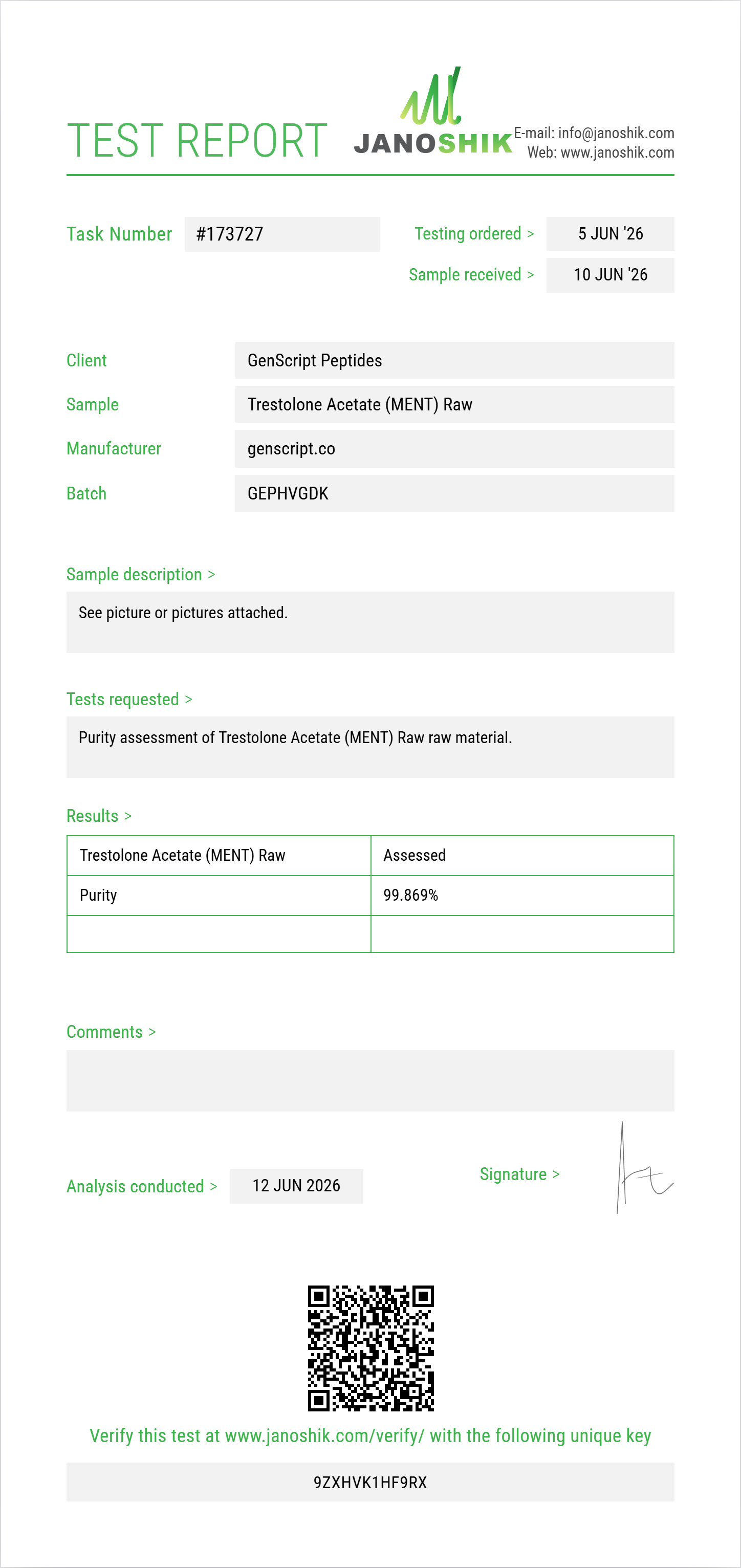 Trestolone Acetate (MENT) Raw Purity (HPLC) report by Janoshik Analytical