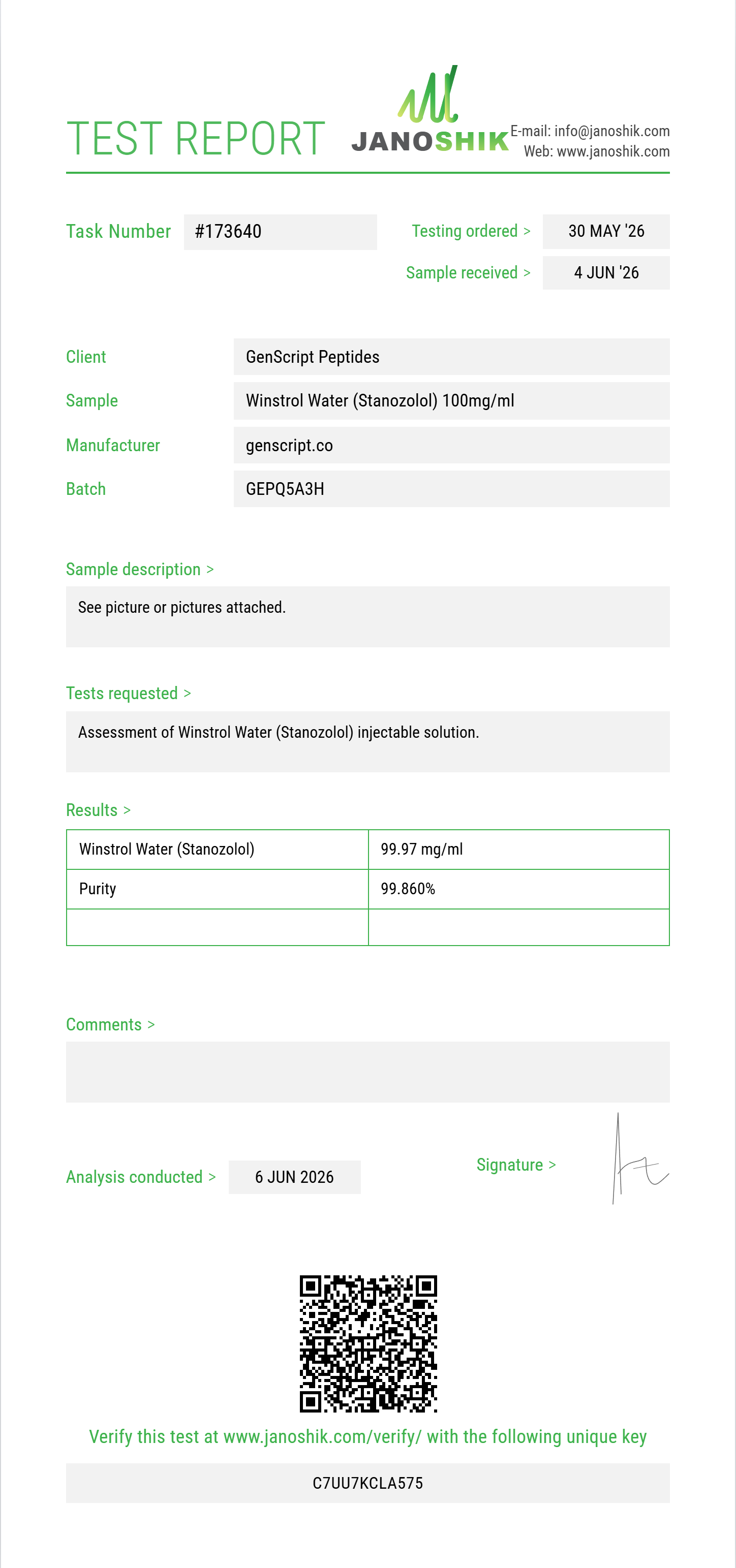 Winstrol Water (Stanozolol) Purity (HPLC) report by Janoshik Analytical
