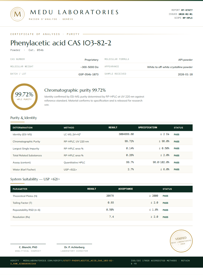Phenylacetic acid CAS 103-82-2 Purity (HPLC) report by Medu Laboratories