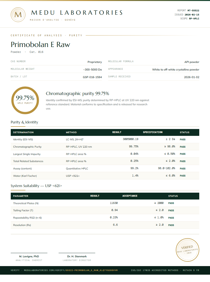 Primobolan E Raw Purity (HPLC) report by Medu Laboratories