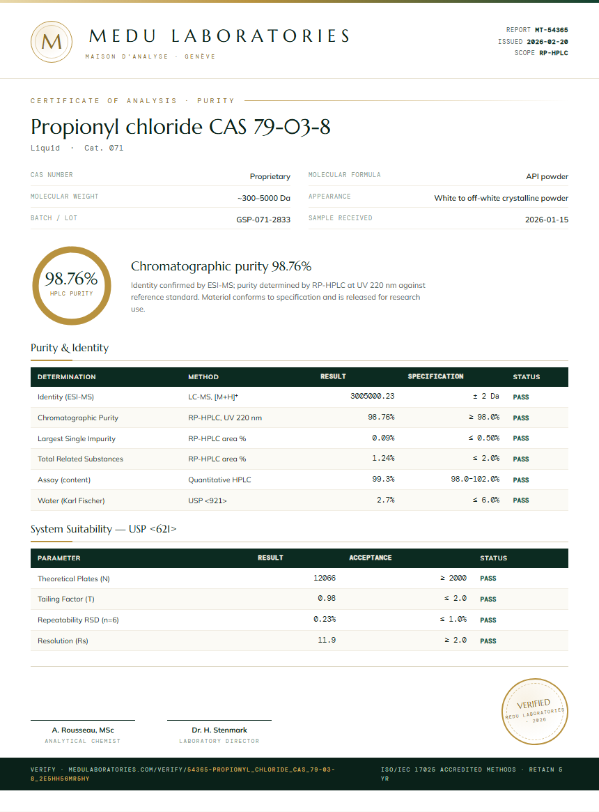 Propionyl chloride CAS 79-03-8 Purity Test Report by Medu Laboratories