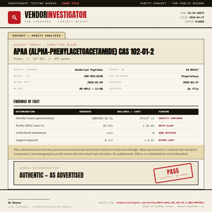 APAA (alpha-phenylacetoacetamide) CAS 102-01-2 Purity (HPLC) report by VendorInvestigator