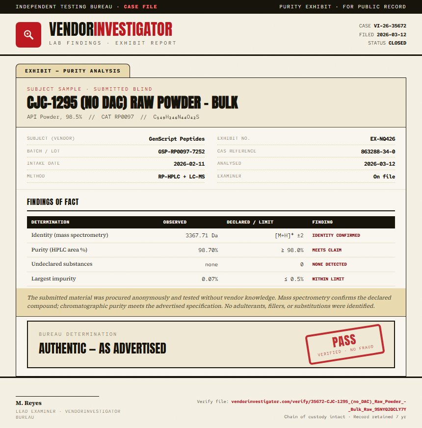 CJC-1295 (no DAC) Raw Powder - Bulk Purity (HPLC) report by VendorInvestigator