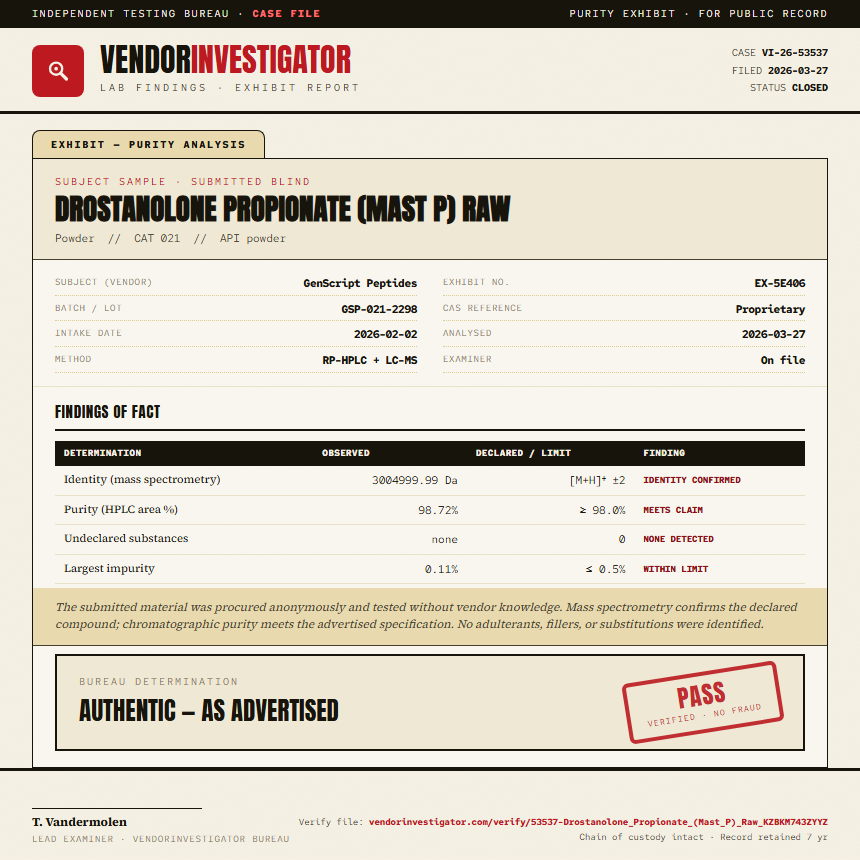 Drostanolone Propionate (Mast P) Raw Purity (HPLC) report by VendorInvestigator