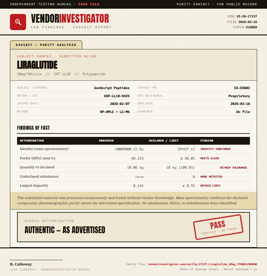 Liraglutide Purity (HPLC) report by VendorInvestigator