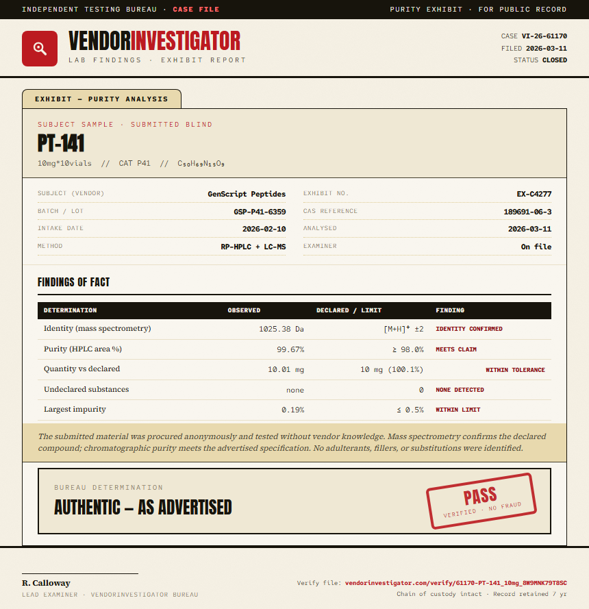 PT-141 Purity (HPLC) report by VendorInvestigator