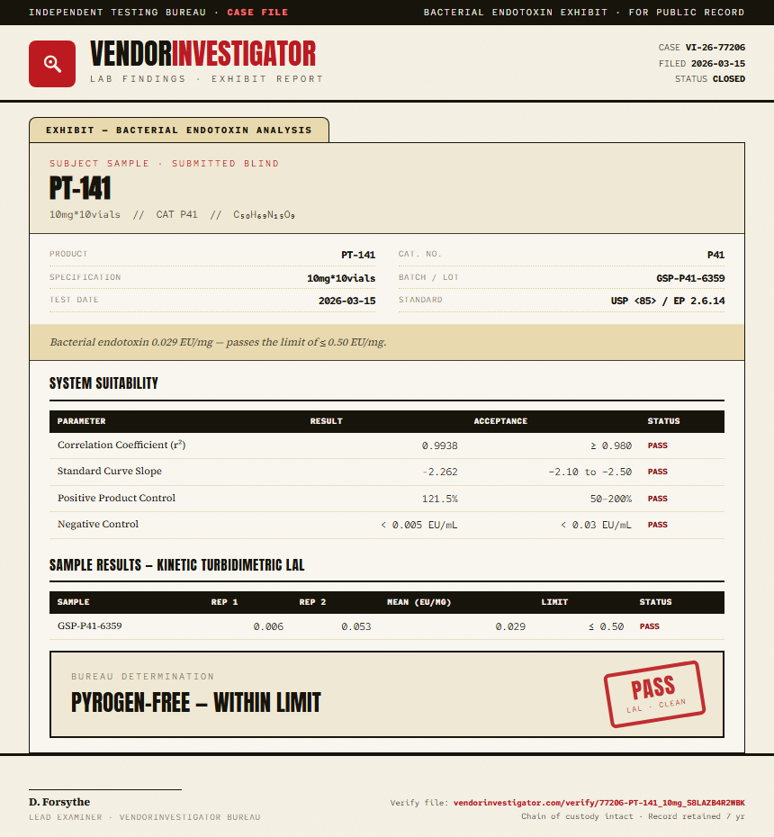 PT-141 Endotoxin report by VendorInvestigator